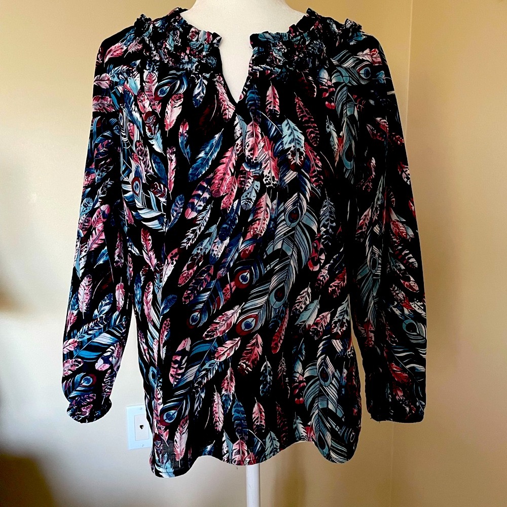 Talbots Petite Feather Print Popover Blouse